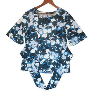 Ann Taylor Factory Top Womens Size Medium Blue Polyester Short Sleeve Floral